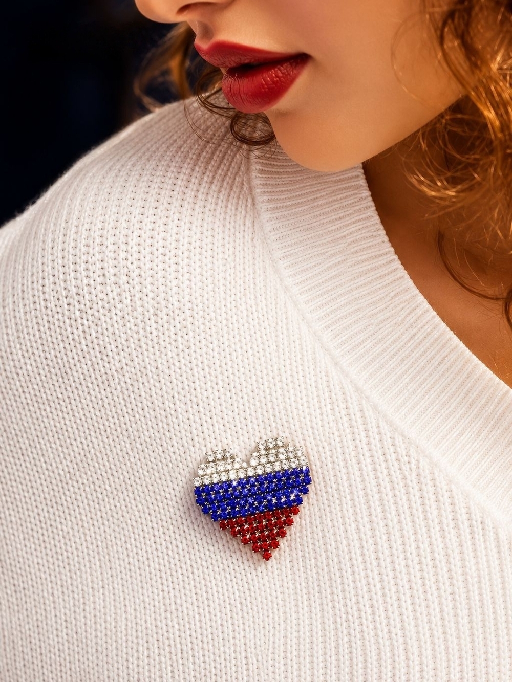 Heart Crystal Flag Brooch - Red, Blue, White